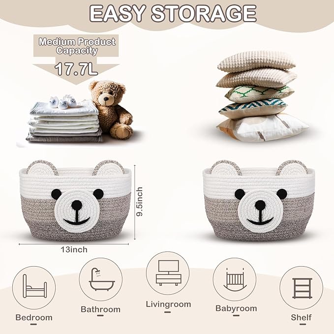 Zopeal Bear Basket 13" D x 9.5" H for Nursery Cotton Rope Woven Cute Storage Basket with Handles Animal Hamper for Baby Shower Laundry Bathroom Home Decorative