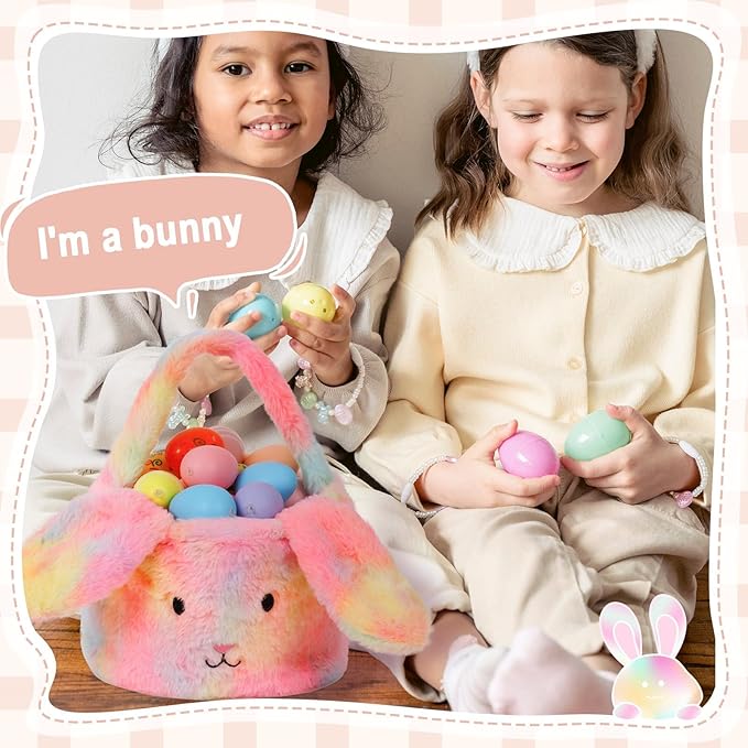 Easter Baskets for Kids,Plush Egg Hunting Easter Buckets with Handle Folded Ears, Gifts Boys Girls