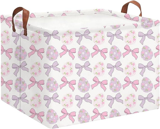 Rectangle Easter Basket Empty,Easter Gift Bakset for Kids,Easter Basket for Egg Hunting,Toys Bin with Handles,Room Decor(Bowknot Easter Basket)