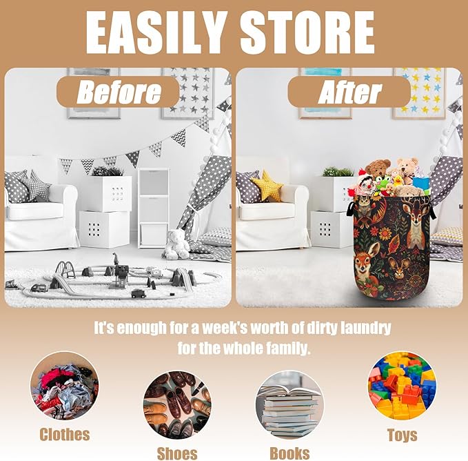 Retro Deer Owl Fox Laundry Basket, Foldable Wild Animals Floral Laundry Hamper Tote Bag Dirty Clothes Storage Bucket Toy Organizer for Bathroom/Laundry/Bedroom 15.7"x19.6"