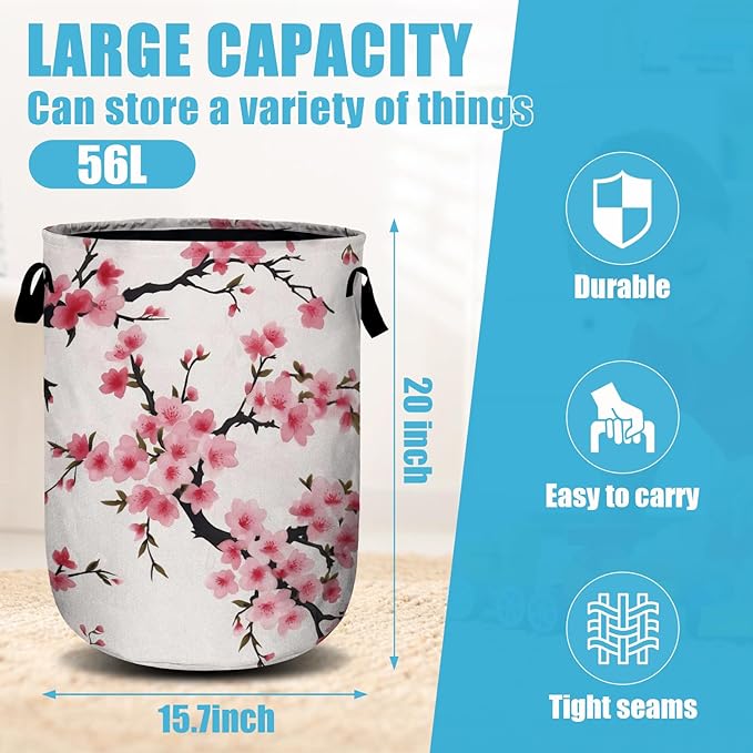 Japanese Cherry Blossom Tree Laundry Basket, Laundry Hamper Collapsible Oxford Cloth with Handle Clothes Toy Storage Bin for Bathroom Laundry Room Bedroom 15.7 X 20 Inch