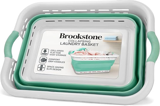 BROOKSTONE 11 GALLON XL 24" Collapsible Laundry Basket & Clothes Hamper, Comfort Non-Slip Handles, Modern Laundry Hamper with Space Saving Design, Portable Pop-Up Hamper, BPA FREE, Mint Retail, 1 Pack