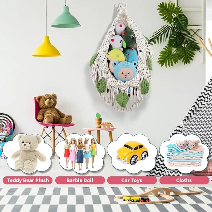 Stuffed Animal Storage Hammock Corner w/LED Star Light, 56'' Jumbo Boho Tassel Leaf Hanging Stuffed Animal Net Holder, Cream Toy Hammock Plushie Net for Kid Girls Boys Gift Nursery Decor