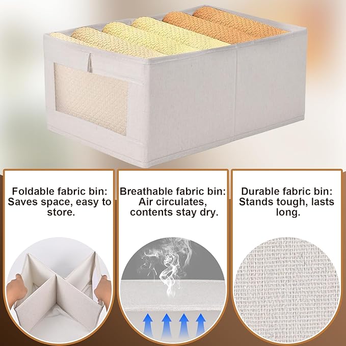 3 Pack Linen Storage Bins with Clear Window - Foldable Fabric Closet Organizer Shelf Baskets for Clothes, Toys, Towels, Jeans, Books, Shelves, 16"x11"x7" (Beige)