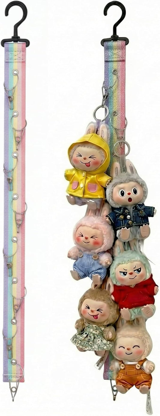 Plush Doll Hanging Storage Rope Display Rack with 8 Clips – Wall Hanging Organizer for Keychain Plushies, Mini Toys– Holds up to 3kg (Multicolor)