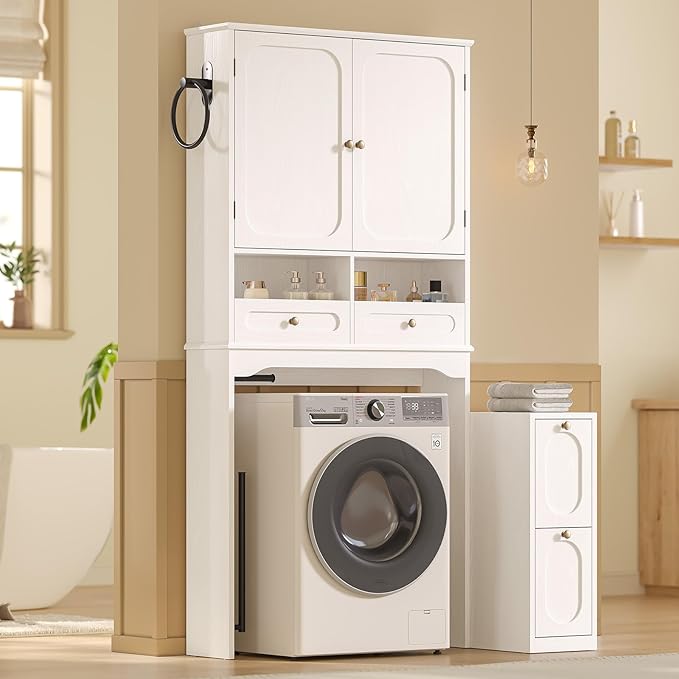 Over The Toilet Storage Cabinet with Free-Standing Cabinet & Towel Holder, Bathroom Storage Cabinet with 4 Section Drawers, Adjustable Shelves & Paper Holder for Bathroom, Laundry Room, White