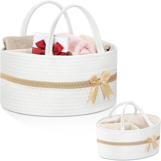Yinkin 1 Pcs Valentine's Day Woven Large Storage Basket with Handles and Removable Divider Gift Baskets with Bow for Closet Bedroom Nursery Toys Organizing, 14.17 x 8.66 x 7.09 Inches(White and Brown)