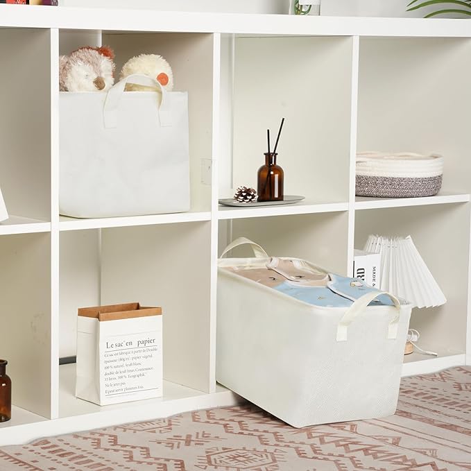 Bidtakay Rectangular Storage Basket,Waterproof Large Storage Bins Box with Handles, Shelf Baskets for Home Office Closet, Decorative Storage Baskets for Home (15"x10"x9"- White)