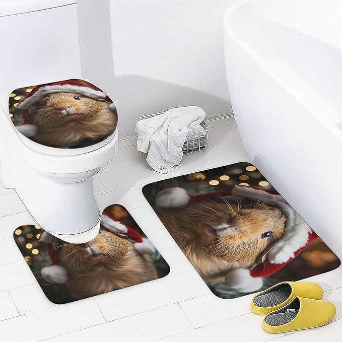4 Piece Shower Curtain Sets Pet Guinea Pig Wear Red Santa Hat with Non-Slip Rugs Toilet Lid Cover and Bath Mat Funny Farmhouse Animal Guinea Pig Piggy Bathroom Decor Set with Accessories