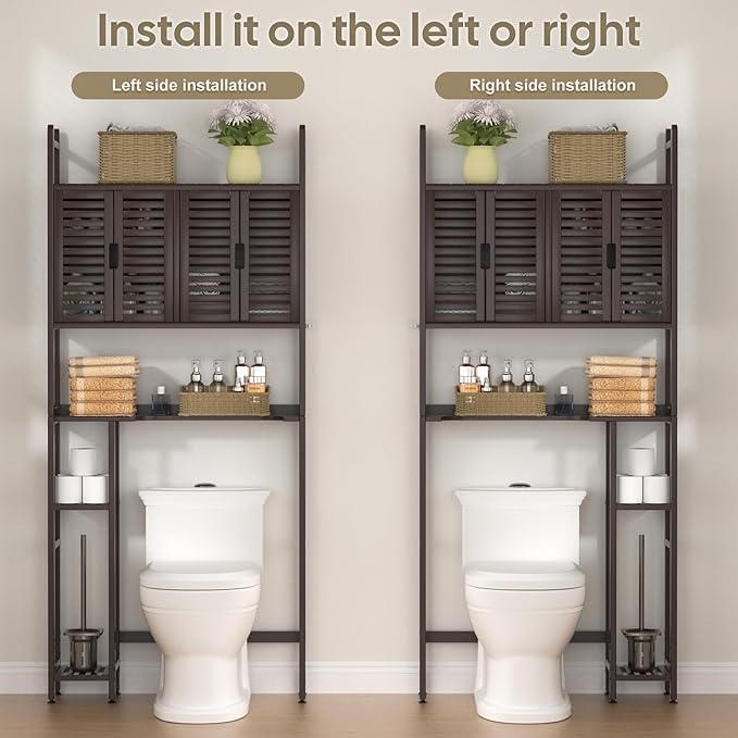 Over The Toilet Storage Cabinet with Paper Holder Stand,Bamboo Bathroom Organizer Shelf with Four Door and Waterproof Feet Pad,Space Saver Rack with Anti-Tip Design (Brown)