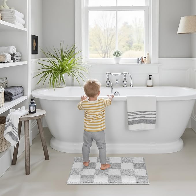 GRANNY SAYS Checkered Grey Bathroom Rugs, 24" x 16", Non-Slip Bath Mats for Bathroom, Plush Shag Absorbent Microfiber Ultra Soft Bath Mat, Cute Washable Rug for Tub, Shower, Bedroom