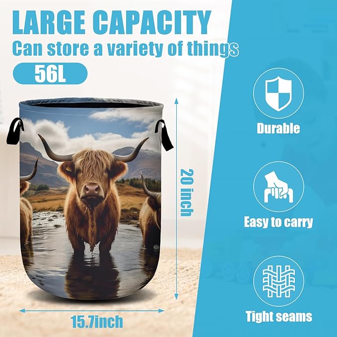 Scottish Highland Cattle Laundry Basket, Laundry Hamper Collapsible Oxford Cloth with Handle Clothes Toy Storage Bin for Bathroom Laundry Room Bedroom 15.7 X 20 Inch