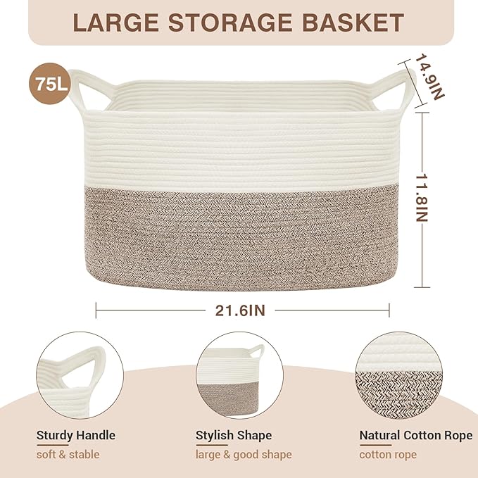 YOUDENOVA Nursery Storage Basket，21.6''×14.9''×11.8'' Rectangle Cotton Rope Blanket Basket, Nursery Laundry Hamper for Organizing，Toy Basket for Living Room, Bedroom