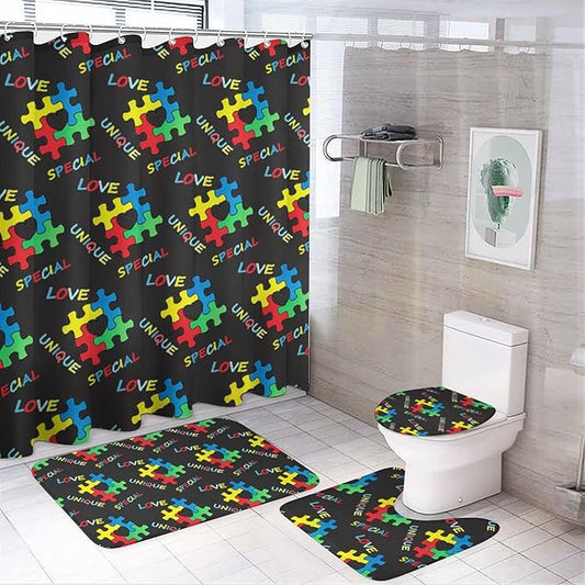 4 Pc Colorful Autism Awareness Puzzle Pieces Heart Black Art Shower Curtains + Bath Mats Set, Water Repellent Window Curtain Super Absorbent Toilet Floor Rug