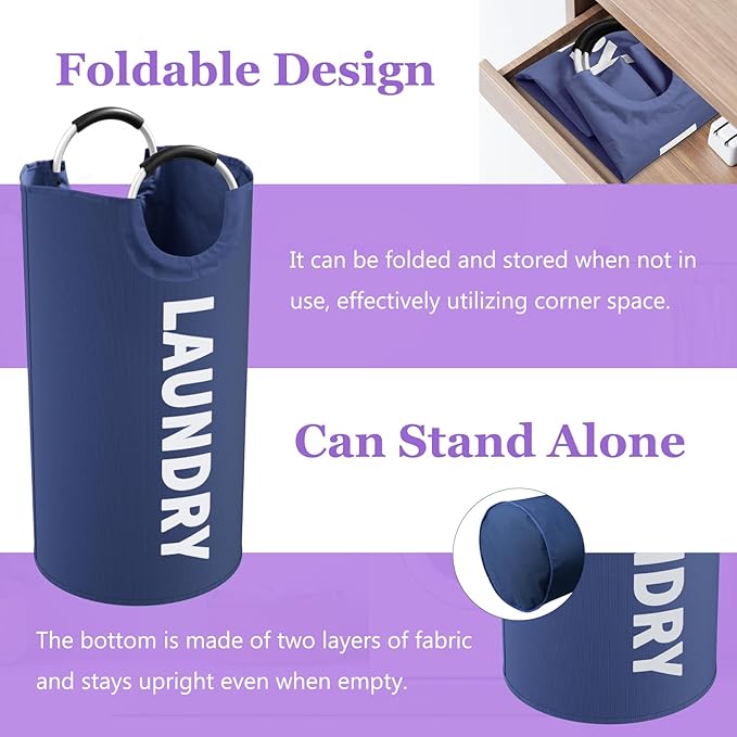 95L 3Pack Large Laundry Hamper, Foldable Laundry Basket with Handles, Dirty Clothes Basket in 600D Oxford Fabric, Clothes Hampers for Bedroom, Living Room, Bathroom, Purple + Navy Blue + Blue