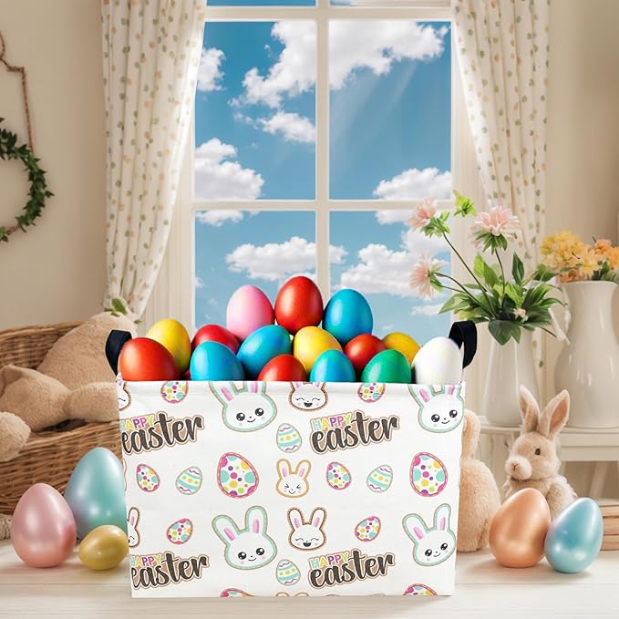 Kid Large Empty Easter Basket Personalized Fabric Bunny Easter Basket for Boy and Girl (Happy Rabbit Easter Egg)