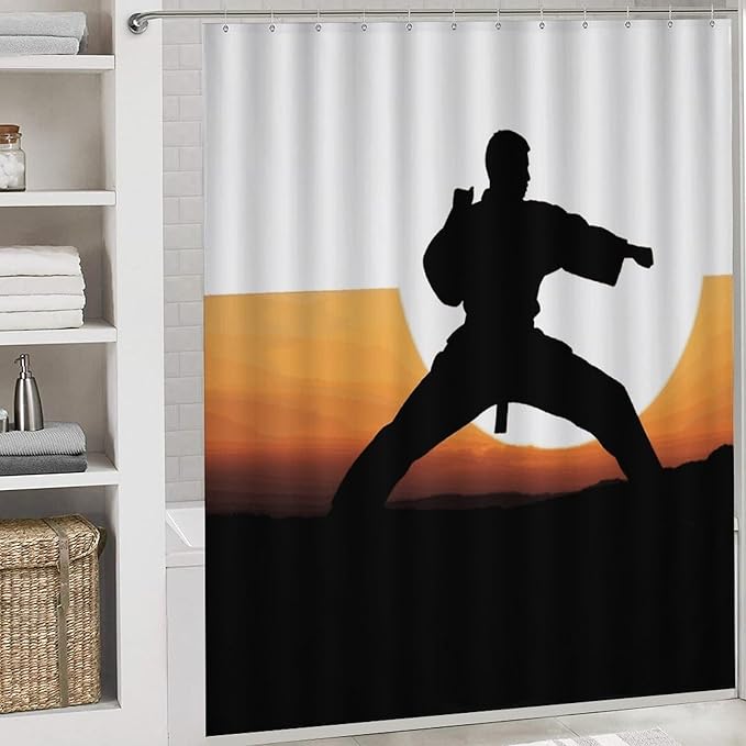 4 Piece Bathroom Rug Set with Shower Curtain, Non-Slip Bath Mat Toilet Cover Set, Karate Silhouette Bathroom Rug Sets