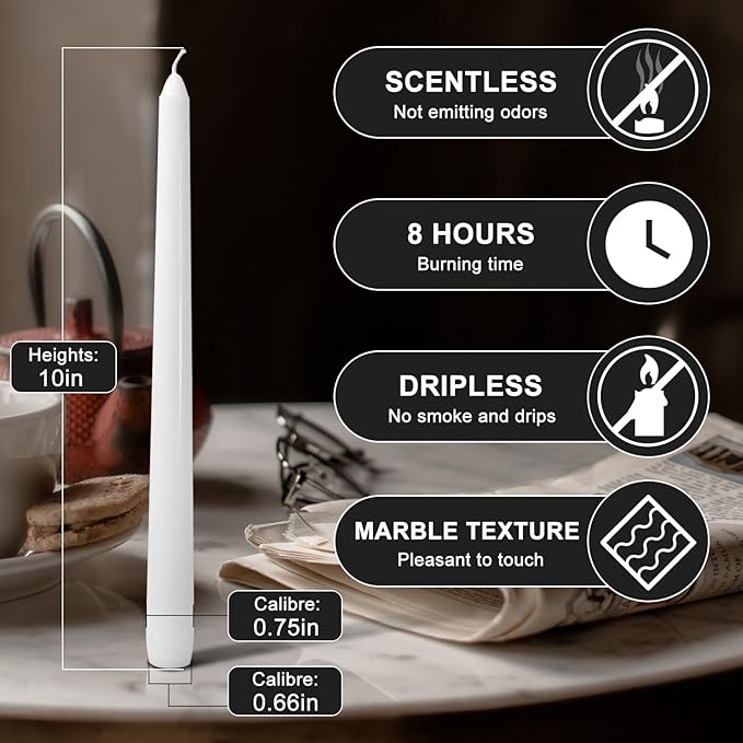 24 Pack White Taper Candles丨Taper Candles 10 Inch Dripless丨Unscented & Smokeless Candlesticks Bulk丨7-8 Hours Long Burning Tall Candles丨Ideal for Christmas Weddings Parties Dinner