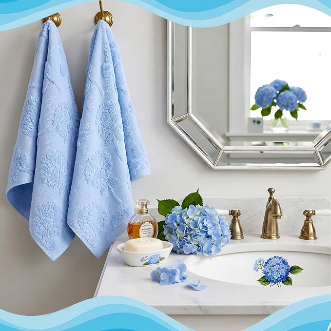 2 Pcs Blue Hydrangea Hand Towels for Bathroom Blue Hydrangea 100% Cotton Jacquard Weave Bath Towel Set Soft Absorbent Washcloth for Bathroom Kitchen Summer Theme Gifts 13.8 x 29.5 Inch