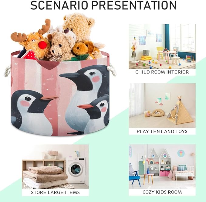 Blanket Storage Basket for Living Room - Penguins Large 20"x20"x14" Cotton Rope Handles Laundry Basket, Foldable for Toy Storage, Blanket Basket