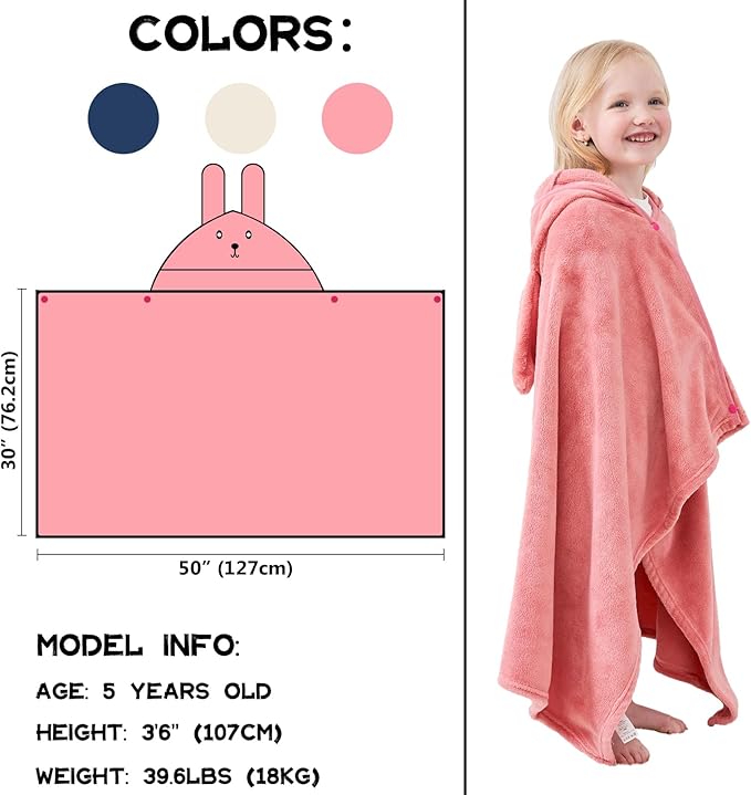 Hiturbo Kids Hooded Bath Towel: Soft Fleece Towel Blanket Cartoon Animal - Pool Beach Towels Wrap 50"x30" for Boys Girls 3-12 Yrs (Pink Rabbit)