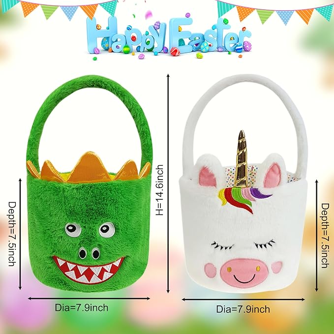 DearSun Set of 2pcs, Easter Basket Adorable Unicorn & Dinosaur Plush Baskets, Easter Egg Hunting Basket for Kids Gifts Party Decoration Supplies, Dia 8" * H 15.7"