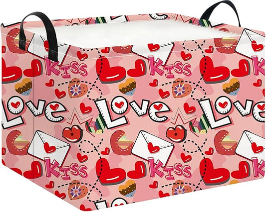 Rectangular Heart Print Storage Basket Empty,Collapsible Gift Basket with Handles,Books Box,Room Decor(Love Letter)