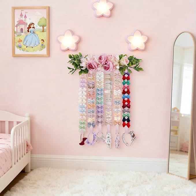 cherrboll Bow Organizer for Girls, Flower Hair Clip Holder Headband Wall Hanging Hair Accessories Organizers Storage Display for Toddler Nursery Room Decor
