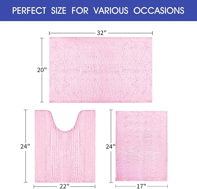 ACCUMTEK Christmas Striped Pink Bathroom Rug Set 3 Pieces Ultra Soft, Non Slip Chenille Toilet Mat, Absorbent Plush Shaggy Bath Mats for Bathroom, Bedroom, Kitchen