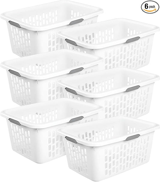 Sterilite Laundry Basket, Plastic Clothes Hamper, Large Rectangle Bin with Comfort Grip Handles and Reinforced Rim, 2 Bushel Capacity, White, 6 Pack