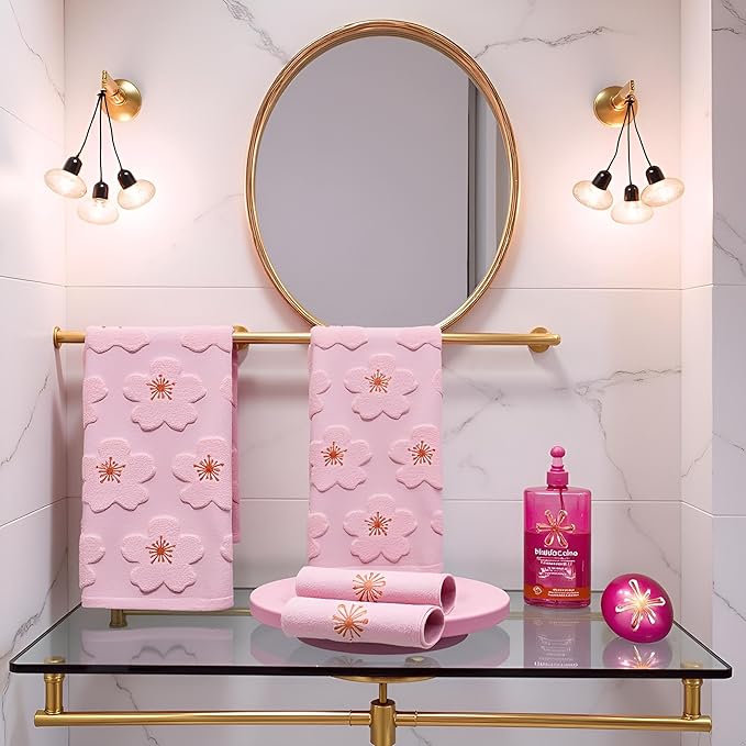 2pcs Cherry Blossom hand towels for bathroom Decorative Towels Set 100% Cotton Pink Jacquard Spring summer floral bath towels dish kitchen towels kitchen Bathroom Decor Gift(cherry blossom Pink)