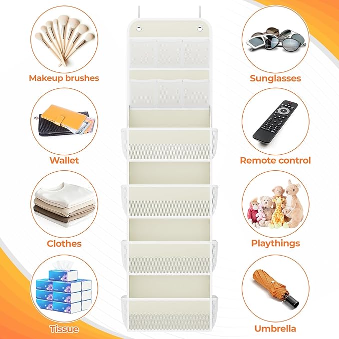5-Tier Over The Door Organizer with Mesh Pockets, Baby Nursery Storage for Closet, Bathroom and Bedroom, Adjustable Hanging Closet Organizer for Cosmetics, Books and Essentials（Beige）