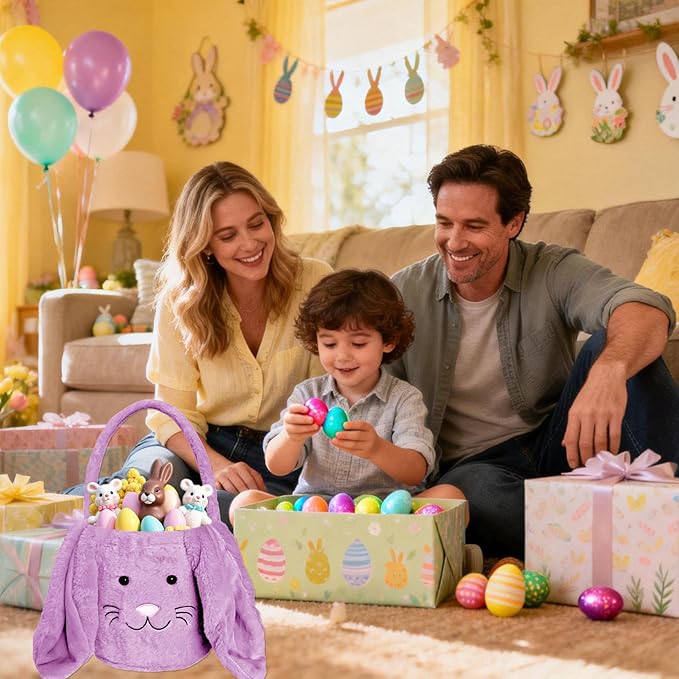 Easter Bunny Basket for Kids, Fluffy Easter Egg Hunt Bag Soft Fabric, Cute Rabbit Tote Bags with Long Plush Ear Easter Tote Bags for Candy Gifts Storage (Purple)