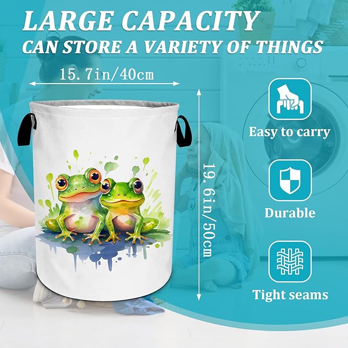 Watercolor Frog Laundry Basket, Foldable Waterproof Oxford Cloth Laundry Hamper Funny Tote Bag Dirty Clothes Storage Bucket Toy Organizer for Bathroom/Laundry/Bedroom 15.7"x19.6"