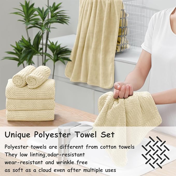 18 Pcs Yellow Woven Family Towels Set-6 Bath Sheets,6 Hand Towels,6 Washcloths Soft Polyester Towels Absorbent Shower Towel Quick Dry Beach Chair Towel Lint Less Towels Set for Bathroom Spa Gym Hotel