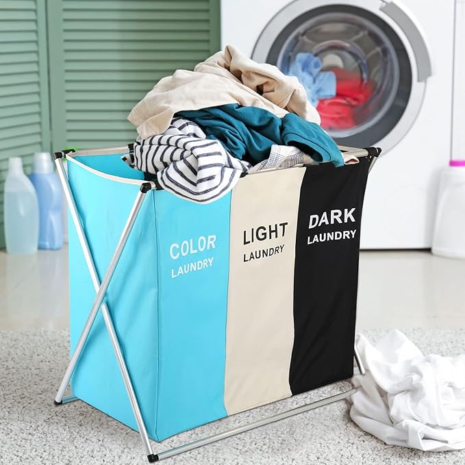 Laundry Cloth Hamper Sorter Basket Bin Foldable 3 Sections with Aluminum Frame 26InIn×24InInH Washing Storage Dirty Clothes Bag (3 Liner, Black + white + sky blue)