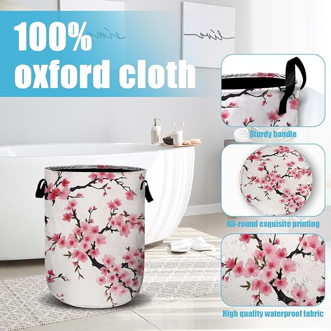 Japanese Cherry Blossom Tree Laundry Basket, Laundry Hamper Collapsible Oxford Cloth with Handle Clothes Toy Storage Bin for Bathroom Laundry Room Bedroom 15.7 X 20 Inch
