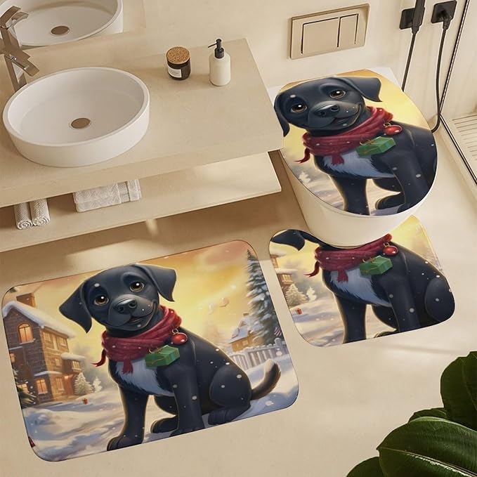 4 Piece Shower Curtain Sets Rug Toilet Lid Cover and Non-Slip U Shape Mat Happy New Year Black Labrador Durable and Waterproof Labrador Lover Gifts for Bathroom Decor