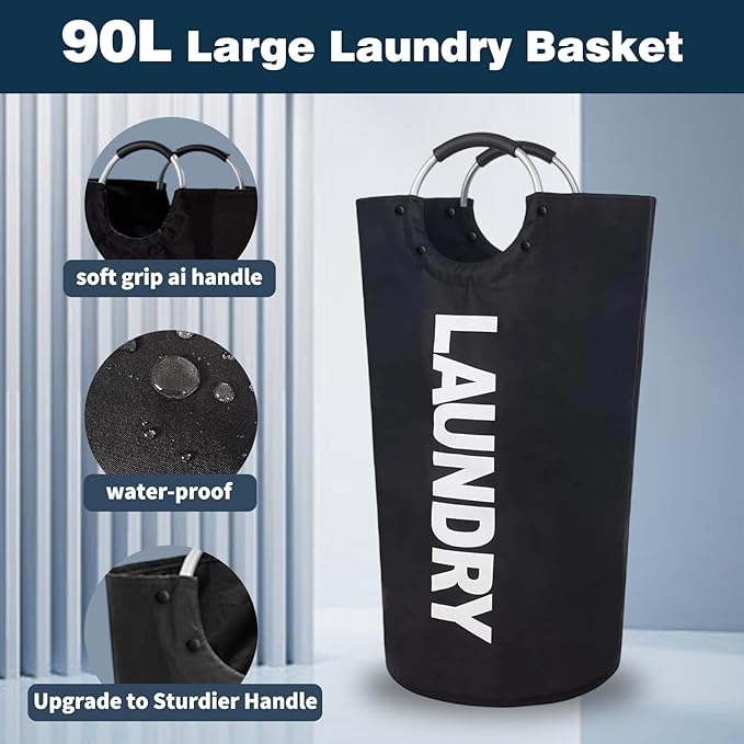 90L Large Laundry Basket Collapsible Waterproof Nylon Clothes Hamper with Padded Handles Tall Laundry Bin for Bedroom Laundry Room Dorm Easy Storage for Adults (1 PC)