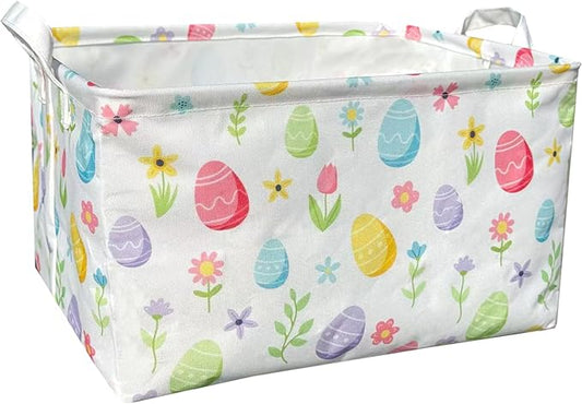 Easter Storage Basket, Egg Pattern Basket for Gifts Cute Foldable Waterproof Lining Collapsible Organizer with Handles for Home Closets Shelf Offices,Bedrooms,Dorm Toy Storage