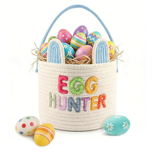Easter Basket, Soft & Durable Easter Bunny Basket with 10 Pack Eggs, Woven Cotton Rope Egg Baskets