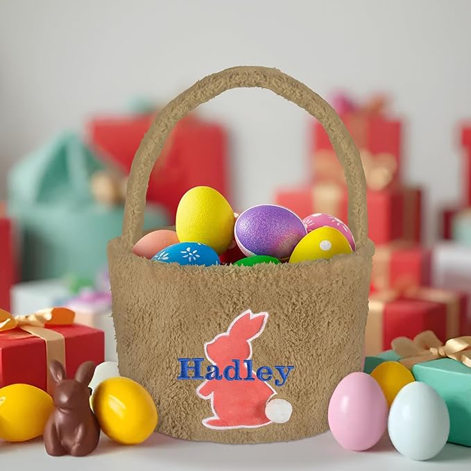 Easter Basket for Kids, VAPCUFF Easter Bunny Basket, Personalized Easter Baskets, Easter Basket with Name - - Brown Basket Orange Bunny