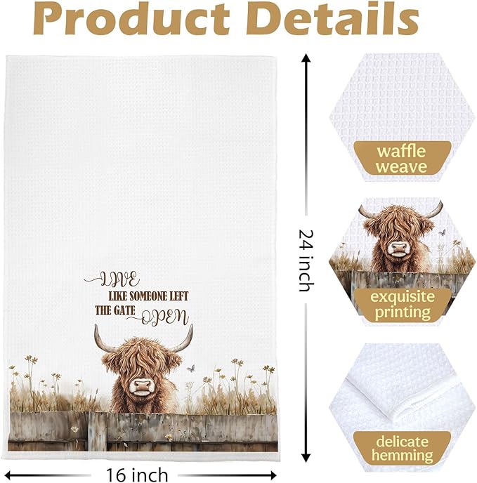 Highland Cow Kitchen Towels 16x24 Inch, Live Like Someone Left The Gate Open Highland Cow Hand Towels for Bathroom Decor, Farmhouse Farm Animal Dish Towel Drying Cloth for Kitchen