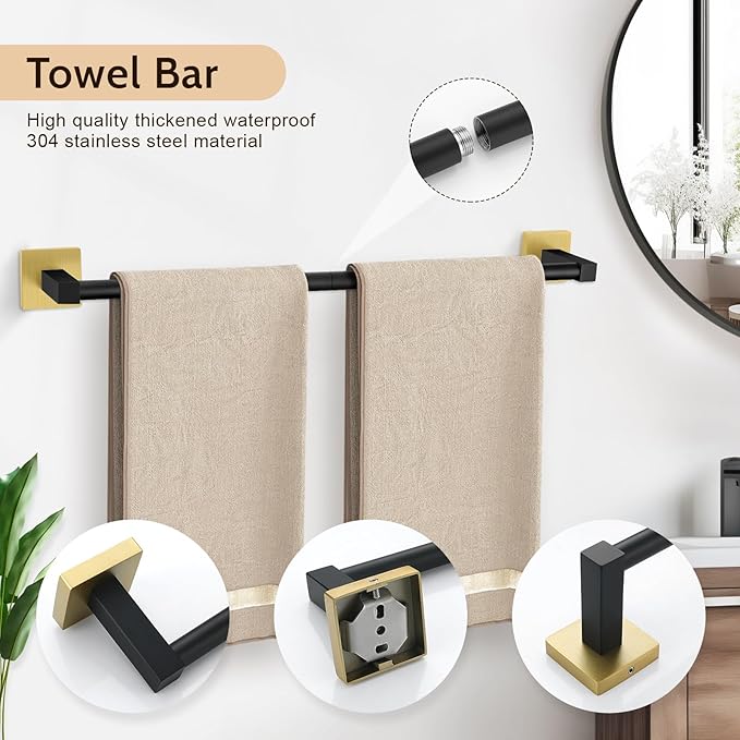 5-Piece Bathroom Hardware Set Black Gold Bathroom Hardware Accessories Set Upgraded Toilet Paper Holder with Shelf Towel Holder Set for Bathroom Stainless Steel Wall Mounted