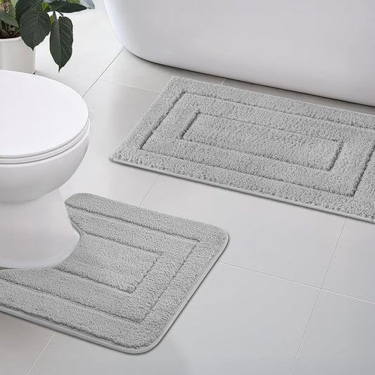 GRANNY SAYS Bathroom Rugs Sets 2 Piece, Soft Absorbent Microfiber Bath Mats for Bathroom Non Slip Washable, U-Shaped Toilet Bath Rugs for Tub Shower (Grey, 20" x 32" + U Shaped 20" x 24")