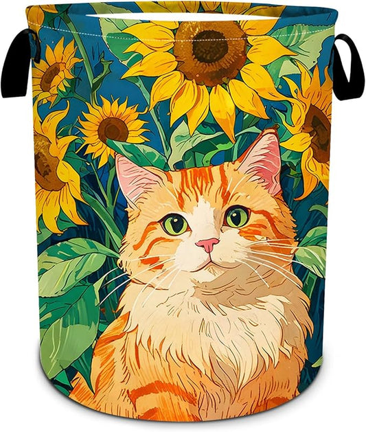 Cat Sunflower Laundry Basket, Foldable Waterproof Oxford Cloth Laundry Hamper Funny Tote Bag Dirty Clothes Storage Bucket Toy Organizer for Bathroom/Laundry/Bedroom 15.7"x19.6"