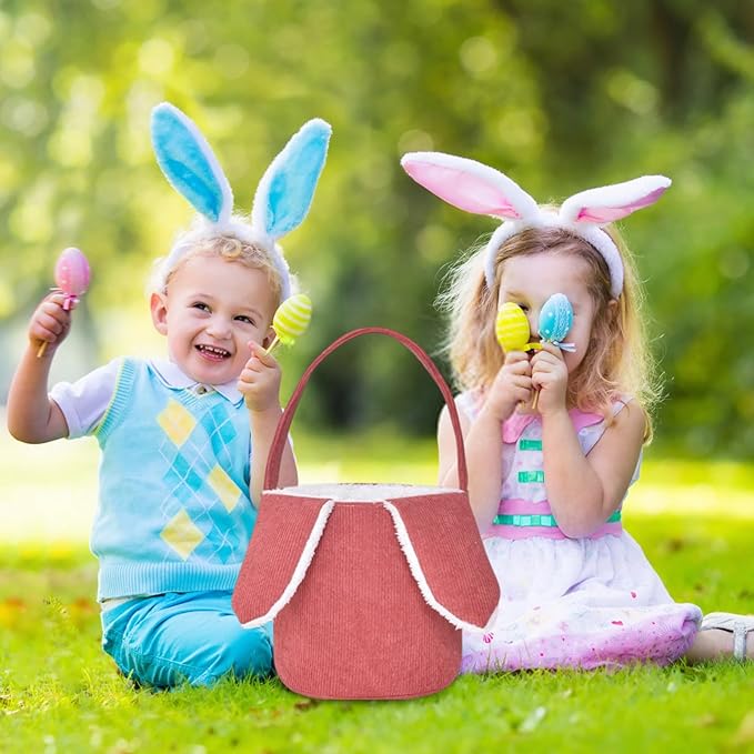 Easter Bunny Basket, Cute Easter Bucket Bags with Rabbit Ears for Easter Eggs Hunting, Plush Easter Bunny Basket, Easter Tote Bags for Candy Storage Decorations (Red)