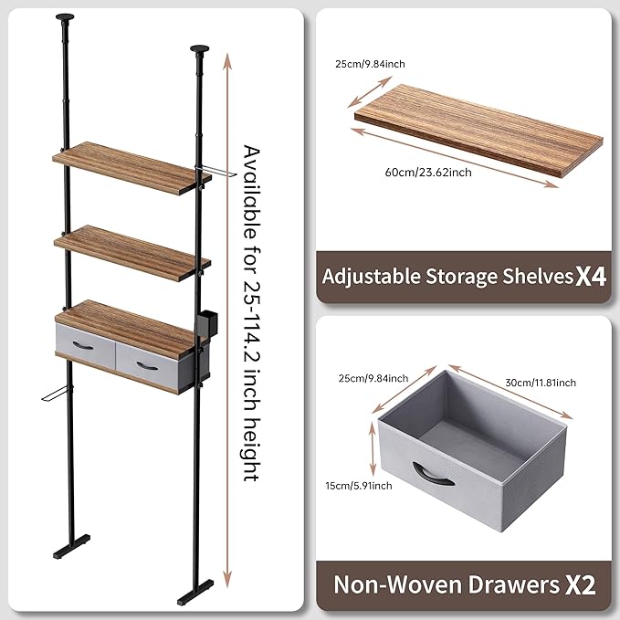 YIGII Over The Toilet Storage, 4-Tier Adjustable Bathroom Shelves Over Toilet with 2 Drawers, Above Toilet Storage Cabinet Bathroom Organizer Wooden Shelf, 25-114.2 Inch Heights