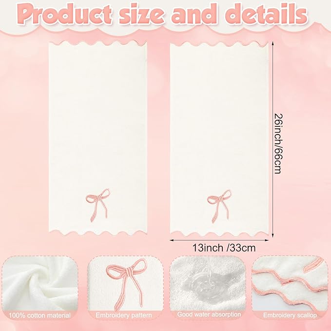 2 Pcs White Pink Scalloped Hand Towels for Bathroom 26 x 13 Embroidery Coquette Bow Hand Towels 100% Cotton Soft Absorbent Boho Bath Decor for Kitchen Bathroom