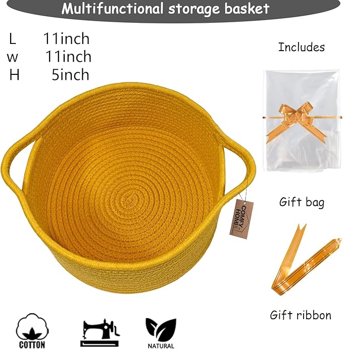 COMFY HOMI Small Woven Gift Baskets with Handles, Gift Bags and Ribbons - Cotton Rope Storage Basket for Organizing, Dog Toy Basket Box, Gift Baskets Empty, Mother’s Day-φ11X5 Inch, Yellow